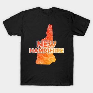 Colorful mandala art map of New Hampshire with text in red and orange T-Shirt